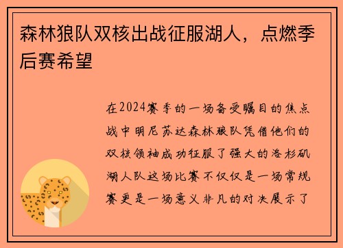 森林狼队双核出战征服湖人，点燃季后赛希望
